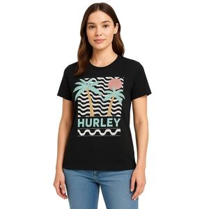 HURLEY Black Palm Trees Logo Graphic Short Sleeves T-Shirt Womens‎ Large
